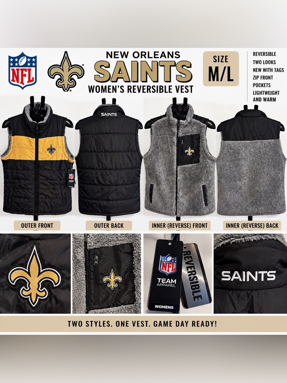 🏈 NFL New Orleans Saints Women’s Reversible Puffer Fleece Vest - Size M/L